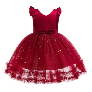 Abito da Principessa per <span class=keywords><strong>Bambina</strong></span> <span class=keywords><strong>Rosso</strong></span> Vino con Paillettes e Rete, Scollo a V Senza Maniche, Silhouette a Linea A per Natale e Capodanno - Product Image 1