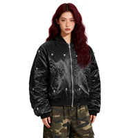 Blouson Bomber en Toile Enduite Rembourré Coton, Col en V, Motif Montagne Sombre, Fermeture Éclair Crochetée, Teint Uni, Style Industriel Lourd