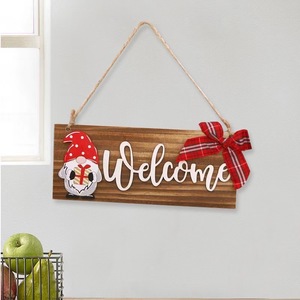 Panneau de bienvenue en bois avec gnome et nœud, décoration murale de Noël, forme rectangulaire, taille personnalisable - Product Image 1