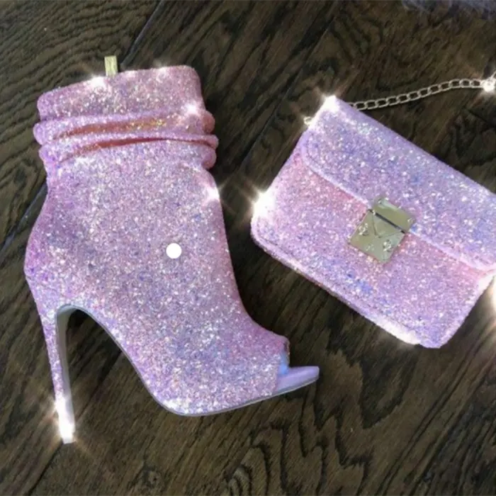 Rhinestone ankle high heel boots women fashion big size boot pointed toe Glitter boots 2023 for ladies