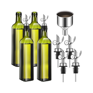 Ensemble de bouteilles d'huile d'olive vertes en verre avec verseur métallique et entonnoir pour la cuisine et le stockage - Product Image 1