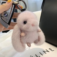 Porte-clés Lapin en Fourrure Véritable Moelleuse avec Pompon, Pendentif Mignon en Peluche pour Sac ou Clé de Voiture