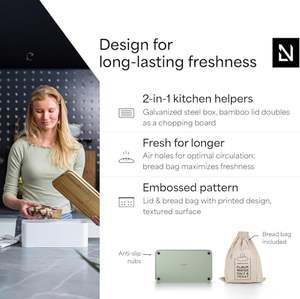 Boîte à pain Boîte en métal avec <span class=keywords><strong>sac</strong></span> en lin pour une fraîcheur durable Boîte à pain avec couvercle en bambou utilisable comme planche à découper - Product Image 2