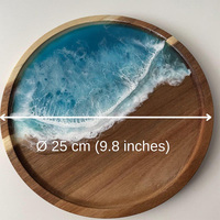 Plateau en bois et résine artisanal sur le thème de la plage, plateau de service rond côtier de 25 cm avec bord doré pour parfums et boissons