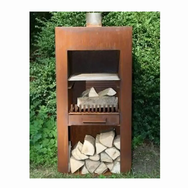 Grille de jardin en acier Corten, cheminée autoportante à bois sur mesure