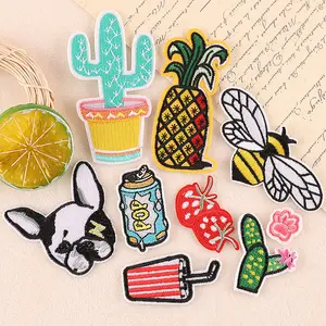 Cool Machined Embroidered Cartoon Cactus Bees Strawberry Fruit Iron on Patches for Kids Clothing Decoration