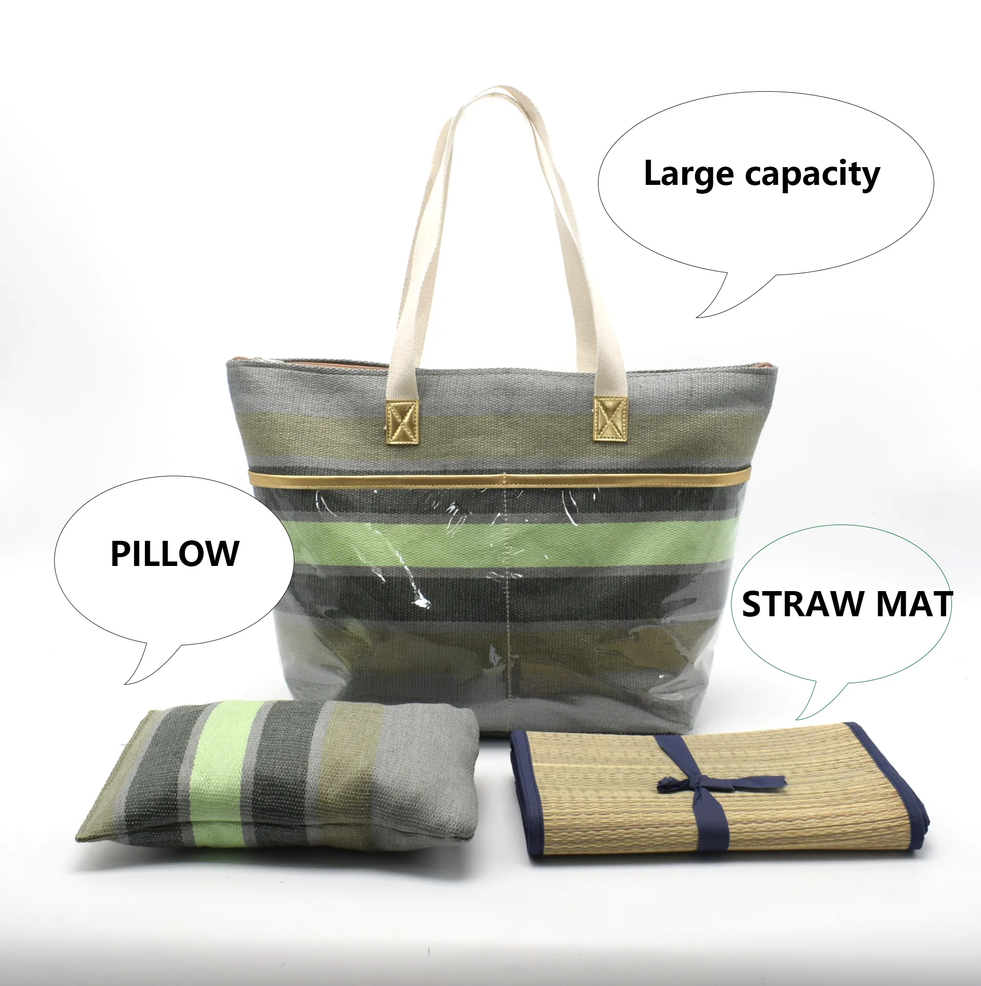 Hersteller 2024 große kapazität Papierstoff Sommer-Tote-Schulter-Strandtaschen-Sets mit PVC-Kissen und Strohmatte