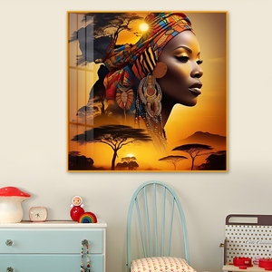 <span class=keywords><strong>Silueta</strong></span> de <span class=keywords><strong>Mujer</strong></span> Africana en Porcelana de Cristal, Arte de Pared - <span class=keywords><strong>Cuadro</strong></span> Cuadrado de 50x50cm con Puesta de Sol Africana para Sala de Estar - Product Image 3