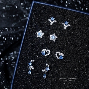 Brincos de Estrela de Cinco Pontas Azul Claro em Prata Esterlina S925 para Mulheres, Acessórios de Joias YB-XY-120 - Product Image 2