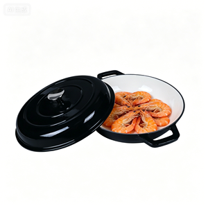 Olla hondora de hierro fundido esmaltado negro brillante de alta resistencia <span class=keywords><strong>para</strong></span> guisar y asar - Product Image 1