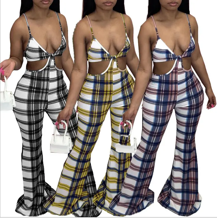 fashion plaid cut out flare bell bottom one piece suspender jumpsuit