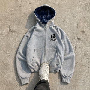 Chaqueta Bomber de Forro Polar con Cremallera Completa en Gris Jaspeado, Sudadera de Mezcla de Algodón con Acabado Cepillado, Corte Relajado, Bolsillo Canguro, Estilo Urbano Personalizado ODM - Product Image 4