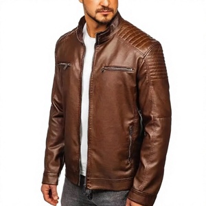 Blouson Bomber Décontracté en Cuir Véritable pour Homme LONG MISSION INDUSTRY, Col Mandarin, Fermeture Éclair, Couleur Unie, Logo Chauffant sur le Devant - Product Image 3