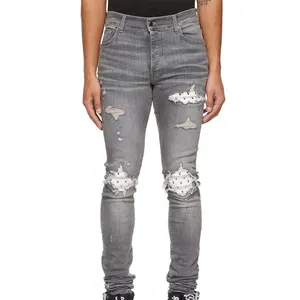 Оптовая продажа, OEM, серые Эластичные Обтягивающие джинсы с пятью карманами и логотипом