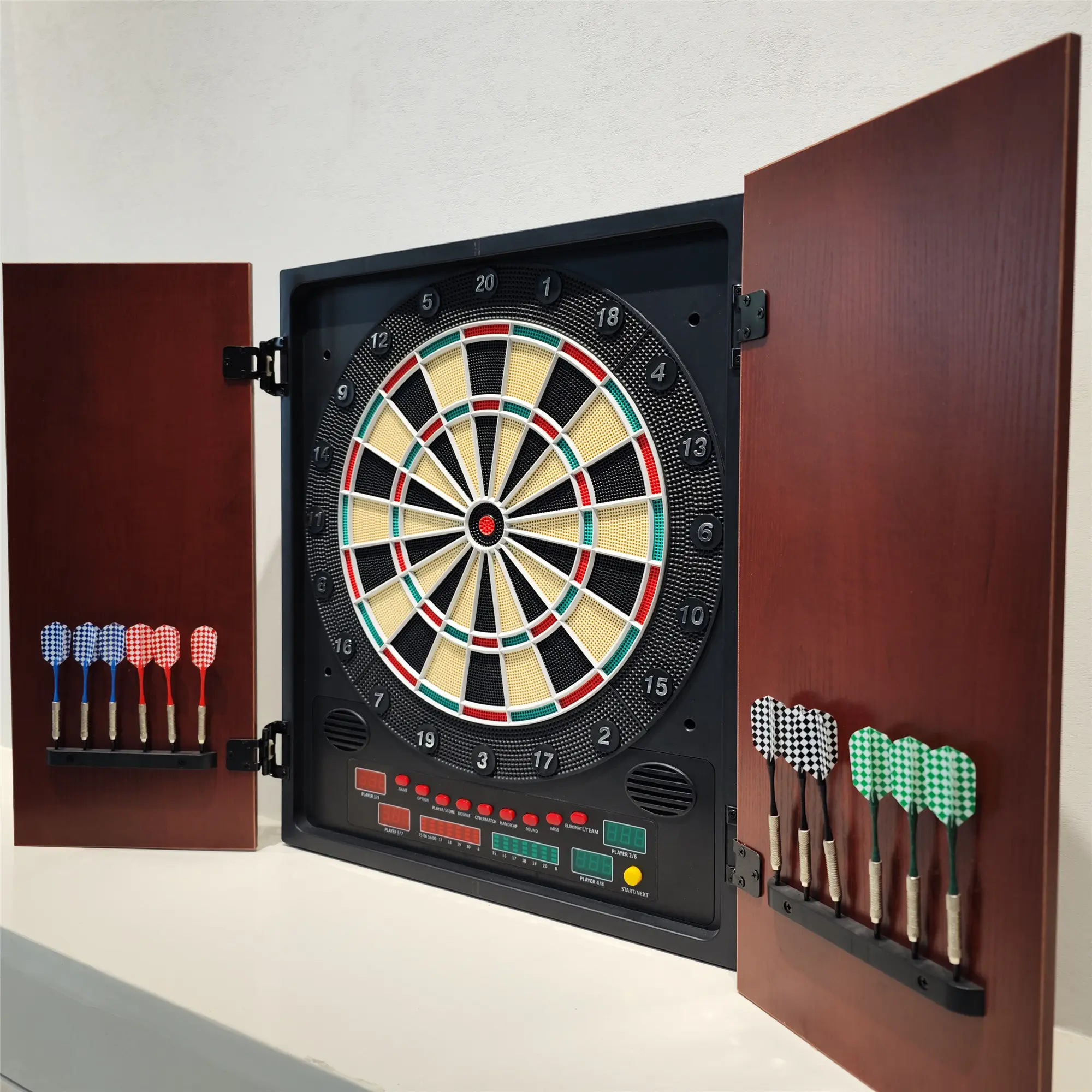 Tablero de dardos para armario con puerta de madera, pantalla LED, 12 dardos de punta suave