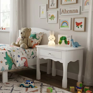 Durable Wooden Kids Bedroom Nightstand with 1 <b>Storage</b> Drawer White Finish <b>Bedside</b> Table for Children Room Decor - Product Image 1