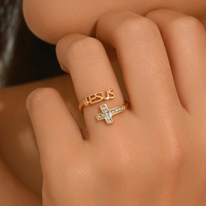 Women's Gold Tone Jesus Cross <b>Ring</b> With Pave Setting <b>Open</b> Design Index Finger Jewelry Gift - Product Image 1