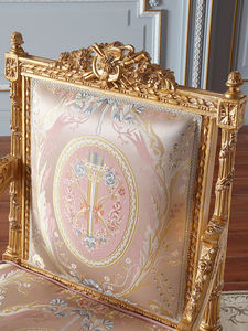 Ghế tựa lưng cao bằng gỗ nguyên khối chạm khắc cổ điển, bọc vải, sang trọng, dành cho phòng khách - Product Image 5