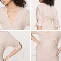 Fabricant de robes maxi fendues à col en V et manches nouées en lin beige, personnalisées OEM ODM