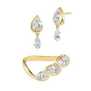 Gemnel Triplet Droplet Ring 925 Sterling Silver Pear Diamonds Half Bezel 14K Gold Band - Product Image 1