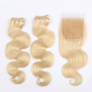 Extensions de cheveux humains blonds ondulés avec closure, cheveux Remy couleur naturelle pour tissage, idéales pour les salons de coiffure - Product Image 1