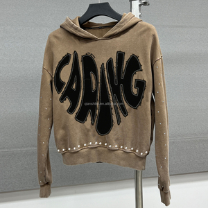 Sweats à capuche en coton avec épaules tombantes, broderie personnalisée, sweat à capuche épais, lavage à l'acide, strass, streetwear, sweat à capuche surdimensionné - Product Image 1