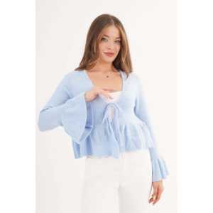 Cárdigan Azul Celeste para Mujer al por Mayor con Detalle de Volantes y Lazo Delantero - Product Image 3