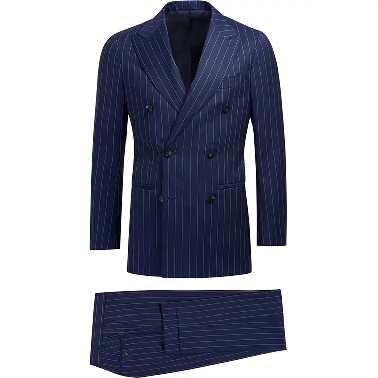Nuevo diseño de doble botonadura esmoquin hombres traje oscuro azul marino lana rayas blazer negocios pantalones trajes