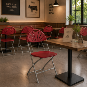 Chaise pliante en plastique rouge avec structure métallique, confortable et portable, design léger pour les repas en plein air, l'école, l'entrepôt - Product Image 1