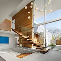 Modern Interior Staircase, Wood Steps, Glass Guardrail