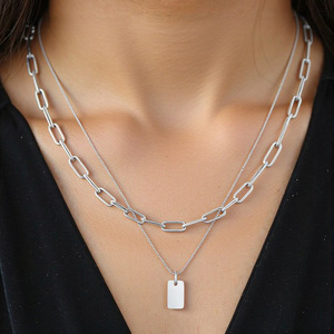 Collar de Doble Capa a la Moda, Acero Inoxidable, Chapado en Oro, Colgante Cuadrado, Cadena Geométrica, Uso Diario, Cadena para Clavícula - Product Image 3