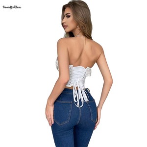 Tessuto satinato sovrastato corsetto da donna Crop <span class=keywords><strong>Top</strong></span> <span class=keywords><strong>bianco</strong></span> perla con perline da sposa con corsetto bustino con cerniera - Product Image 6