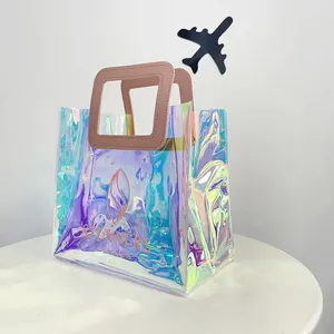 全息透明袋聚氯乙烯手提包沙滩袋定制印刷运输袋，带粉色聚氨酯手柄