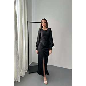 Robe de soirée longue en satin noir pour femme, taille XS, col rond, taille empire, coupe trapèze, fente latérale, vente en gros ODM - Product Image 5