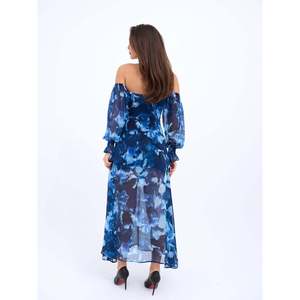 Vestido Sikago con hombros descubiertos, estampado floral azul, cuello cruzado, aberturas, corte holgado, informal para fiesta, tela tejida - Product Image 4