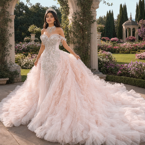 Robe de soirée sirène rose poudré de luxe Mc022, ornée de cristaux, corset cœur, appliques florales, volants en tulle, robe de fête Jancember - Product Image 1