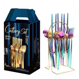 Stainless Steel Eco-Friendly Luxury Knife Fork Spoon Set 24pcs Gold Rose Gold Flatware Stand Food Grade High <b>Mirror</b> Polish - Product Image 3