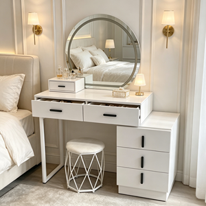 Modern <b>Makeup</b> Vanity <b>With</b> Oval <b>Mirror</b> Storage Drawers Bedroom Dressing Table <b>With</b> Stool - Product Image 6