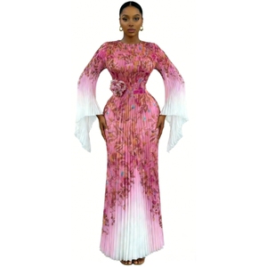 Robe longue plissée africaine pour femme - Robe de soirée élégante avec imprimé floral et manches à volants - Product Image 1