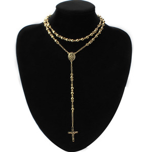 Collar De Rosario chapado en oro con cuentas de Cruz de Jesús católico religioso de cadena larga de acero inoxidable para hombres <span class=keywords><strong>y</strong></span> mujeres - Product Image 6