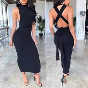 नई आगमन महिलाओं के वस्त्र काले क्रास्ड फीता-अप बिना आस्तीन खुली पीठ उच्च कमर मैक्सी लंबी महिला क्लब पहनने के लिए कपड़े