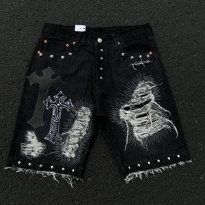 Bên Túi Mặt Trời phai màu nâu Tùy chỉnh cao eo cổ điển đau khổ Rhinestone mùa hè đầu gối dài jeans denim quần short baggy jorts - Product Image 6