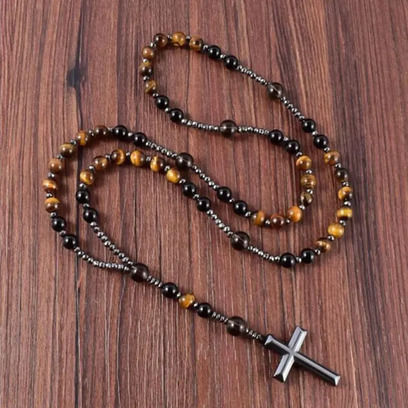 ST0750 rosario cattolico di cristo 8mm genuino occhio di tigre collana di onice nero croce ciondolo gioielli regalo per la festa della mamma