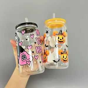 Conception personnalisée 16oz tasses en verre uv dtf transferts conceptions prêt à presser autocollant étanche dessin animé transferts pour 16oz verre peut