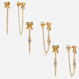 ต่างหูห้อยรูปโบว์สแตนเลสสตีลเคลือบทอง 18K ประดับมุกน้ำจืดและคริสตัลทรงพู่ สำหรับผู้หญิงใส่ได้ทุกวัน - Product Image 1