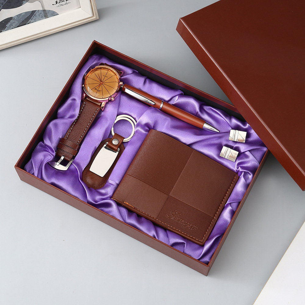 m2867brown-5-piece set-watch-keychain-pen-wallet-cufflinks