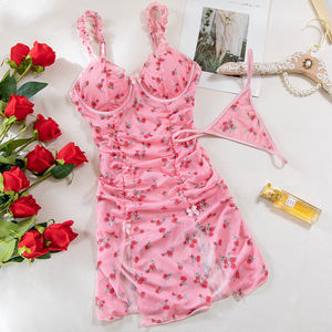 Vestido de Dormir Sexy con Cuello en V y Estampado Floral, Conjunto de Lencería con Falda Larga de Malla Ultrafina para Mujer - Product Image 6