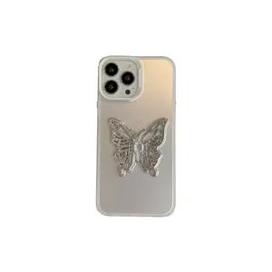新款设计3D蝴蝶激光银手机套适用于iPhone 15 14 13 12 11 Pro Max女孩折叠支架背手机套