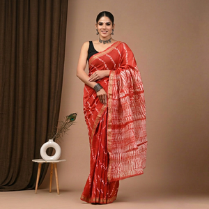 Sari en soie Maheshwari pure imprimé à la main avec pièce de blouse – Élégant soie Maheshwari pure – Vêtement ethnique imprimé à la main - Product Image 1