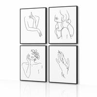 Lot de 4 tableaux encadrés sur toile, motif 'Self Love', avec cadre noir, représentant visage féminin, fleur, main, vigne, dessin féminin, pour décoration SPA
